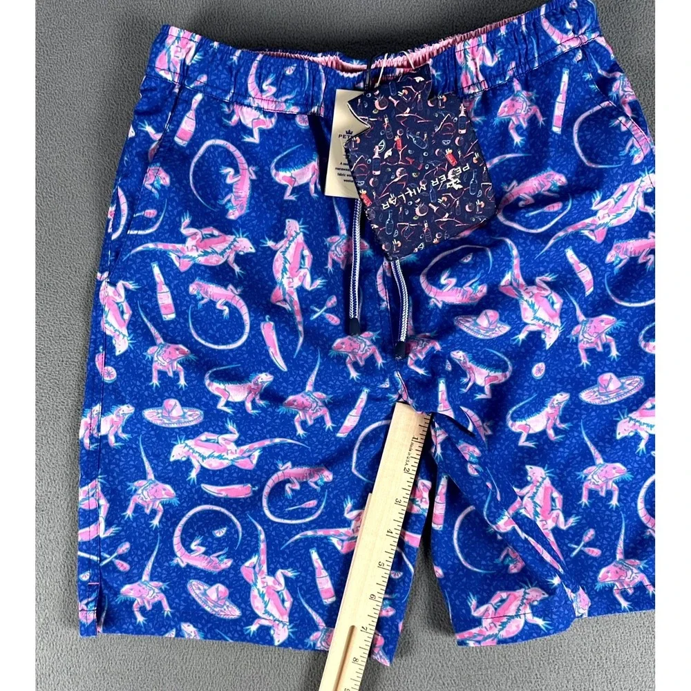 Peter Millar Swim Trunks Shorts Small Blue Pink Seaside Iguana‎ Geometric New